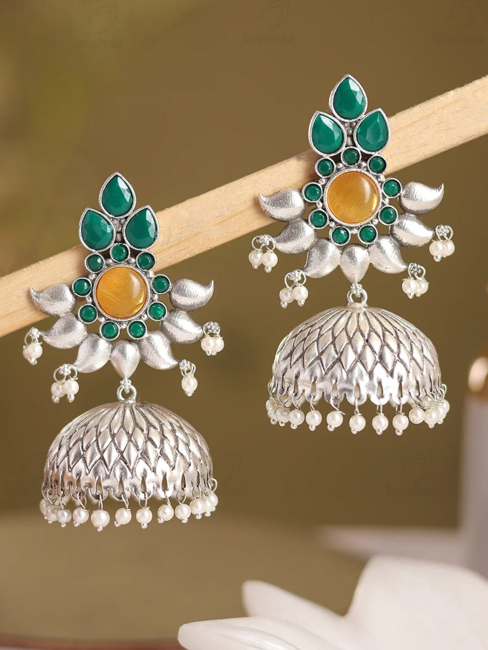 Anique inspired green and yellow stone with elegant Jhumka