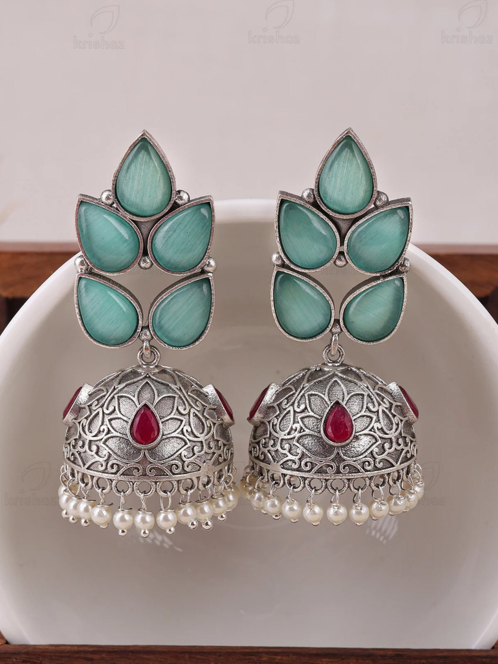 Elegant Monalisa stone stud with ruby infused Jhumka