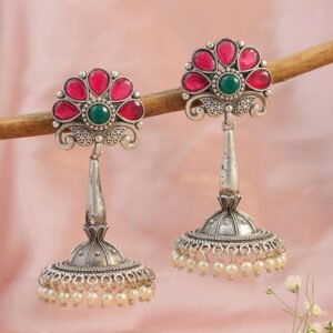 Ruby and green stud with unique sleek jhumka