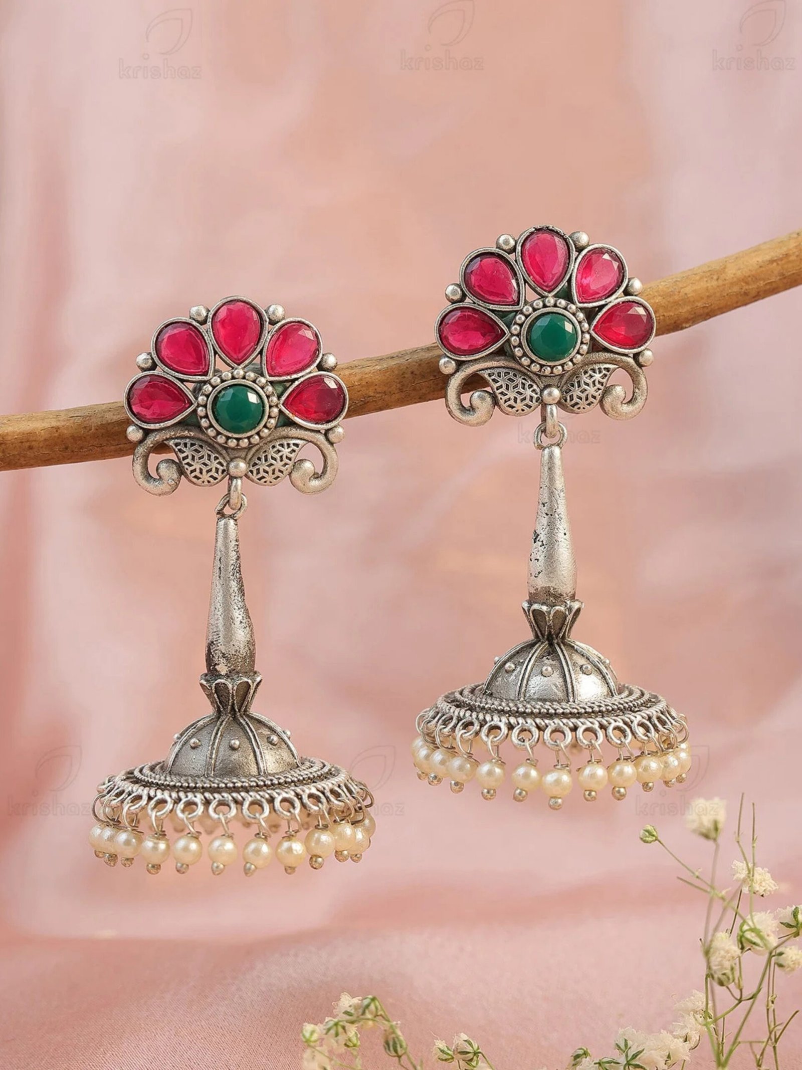 Ruby and green stud with unique sleek jhumka