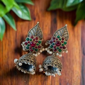 Silverlike Earrings - Kemp Stone Flower design Jhumka - SLER - 001