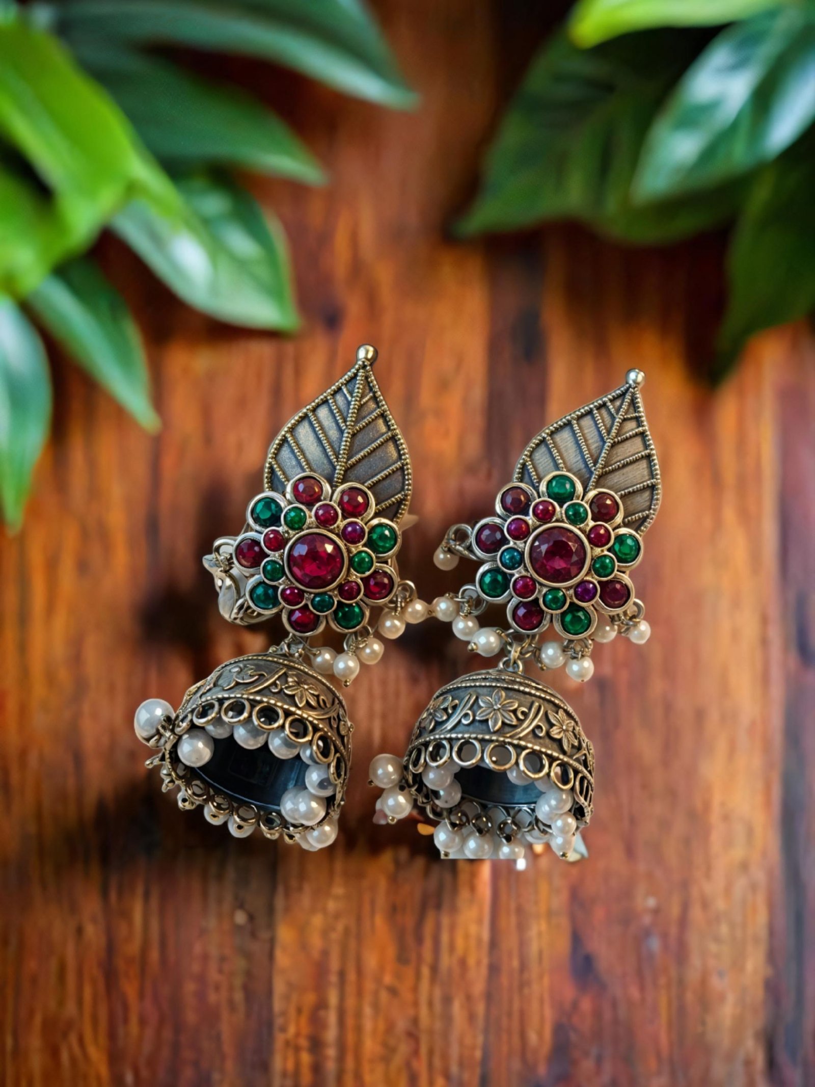 Silverlike Earrings - Kemp Stone Flower design Jhumka - SLER - 001